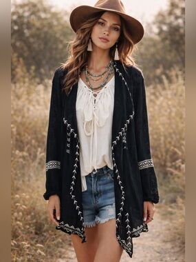 Black Embroidered Open Front Cardigan Boho Chic Size Large